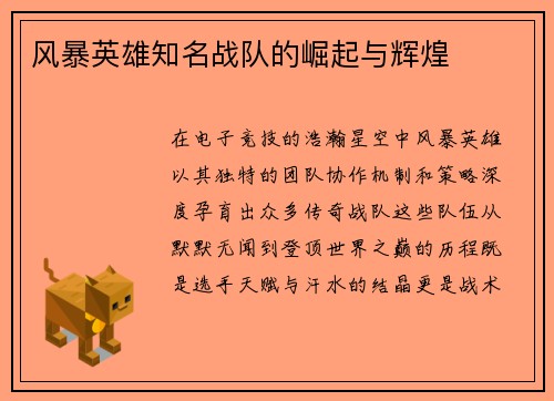 风暴英雄知名战队的崛起与辉煌